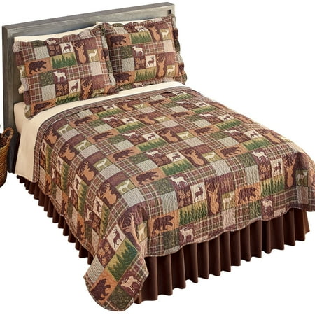 Brown Patchwork Quilt Bear, Deer, Moose Silhouette Reversible Patchwork Quilt - Rustic Cabin Style Bedroom Accent, Full/Queen, Green Multi ()
