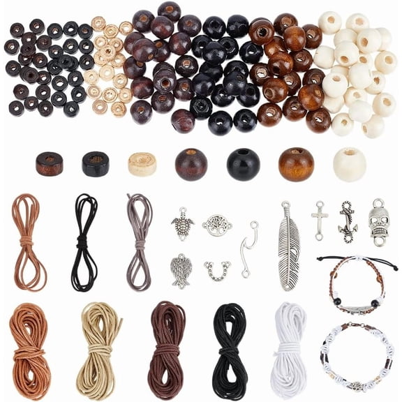 PH 158pcs Rosary Jewelry Making Kit 10mm Wood Beads Pendant Tree of Life Charms Feather Pendant Sea Turtle Link with 8 Styles Thread for Ramadan Easter Bracelets Making Craft Mixed Color