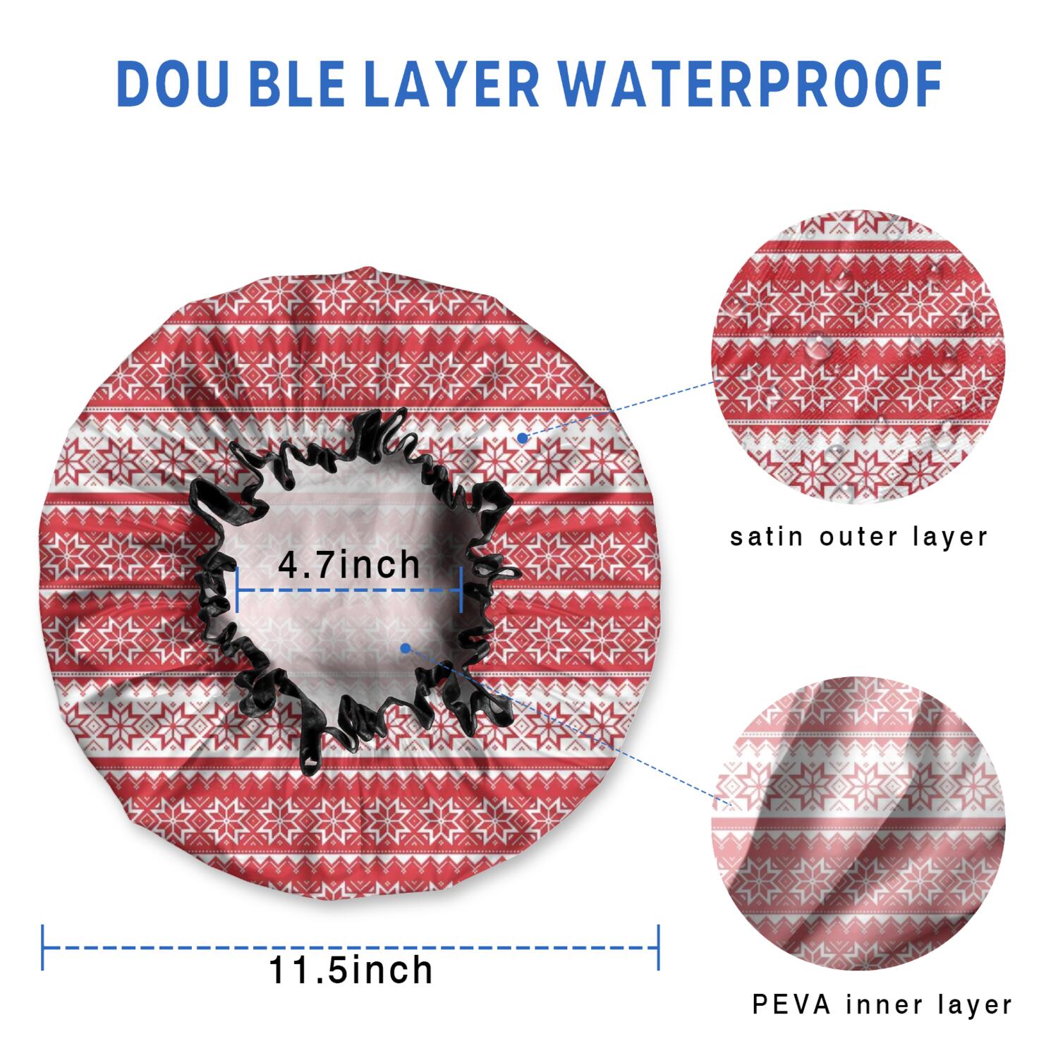 Shower Caps,Red Christmas Geometric Snowflake Pattern Waterproof Shower Cap for Women 4 Pieces,Double Reusable Hair Cover for Shower PEVA Elastic Stretch Hem