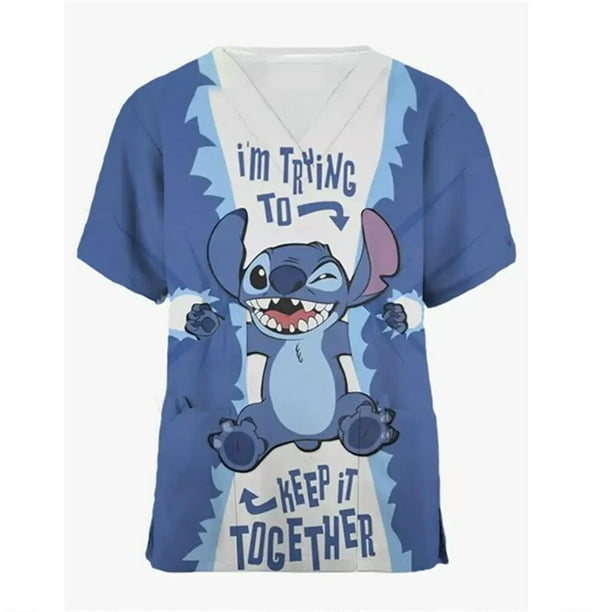 LS Infirmiere Uniforme Femmes Solid Color Disney Stitch Imprime Top Uniforme Manches Courtes Poche Medicale Femme Infirmiere Uniforme