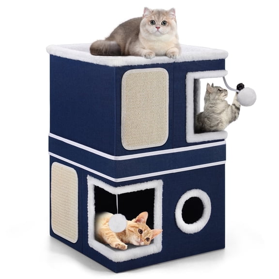 Cat Bed for Indoor Cats 2-Storey Cat House,Covered Cat Cave Beds & Furniture with Scratch Pad and Hideaway Condo,Blue