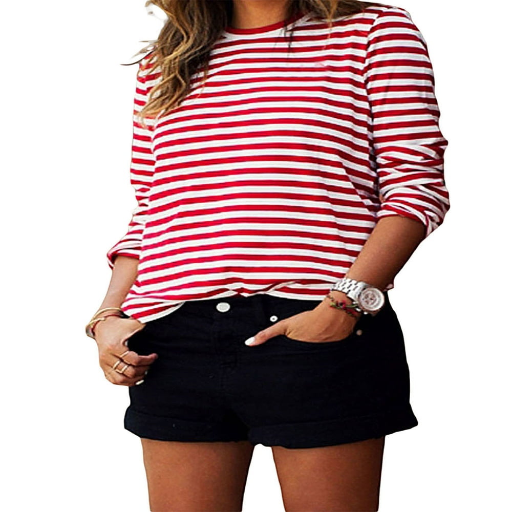 T-Shirt Rayé Rouge Blanc pour Femmes Hauts Basiques Décontractés Manches Longues Coupe Ample T-Shirt Pullovers