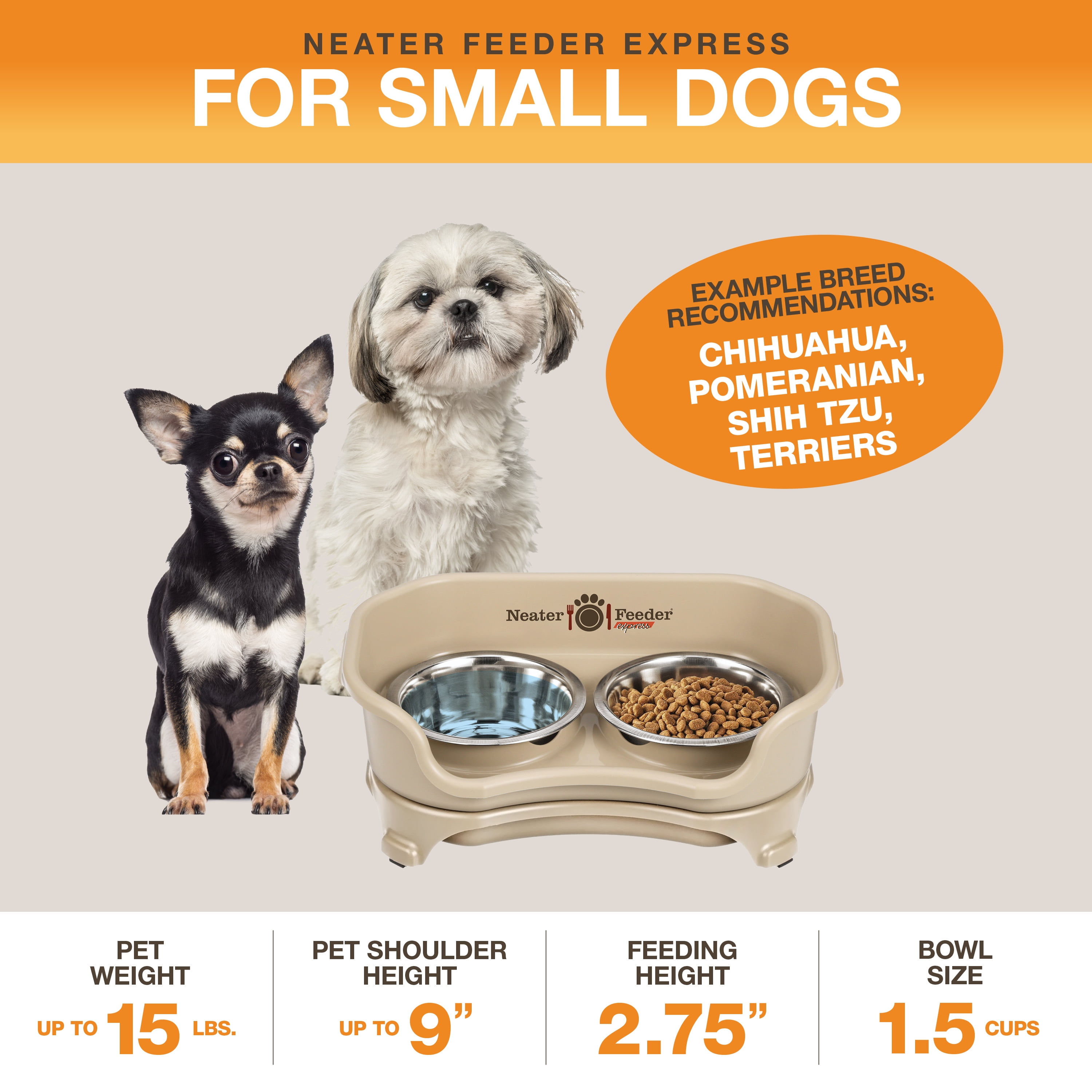 Neater Pets Neater Feeder Express Mess-Proof Elevated Food & Water Bowls for Small Dogs, Almond