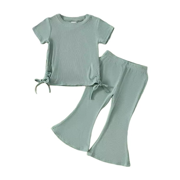 Odeerbi 9M-4Y Conjunto de Verano Para Niñas de Manga Corta de Algodón Con Ribete de Lechuga Pantalones Anchos Conjunto de Dos Piezas