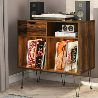 Hoompa LED Record Player Stand with Vinyl Storage Cabinet Holds Up to 200  Albums Large Turntable Stand with with Flip-top Record Player Table Vinyl  Holder Storage for Living Room Bedroom Brown 