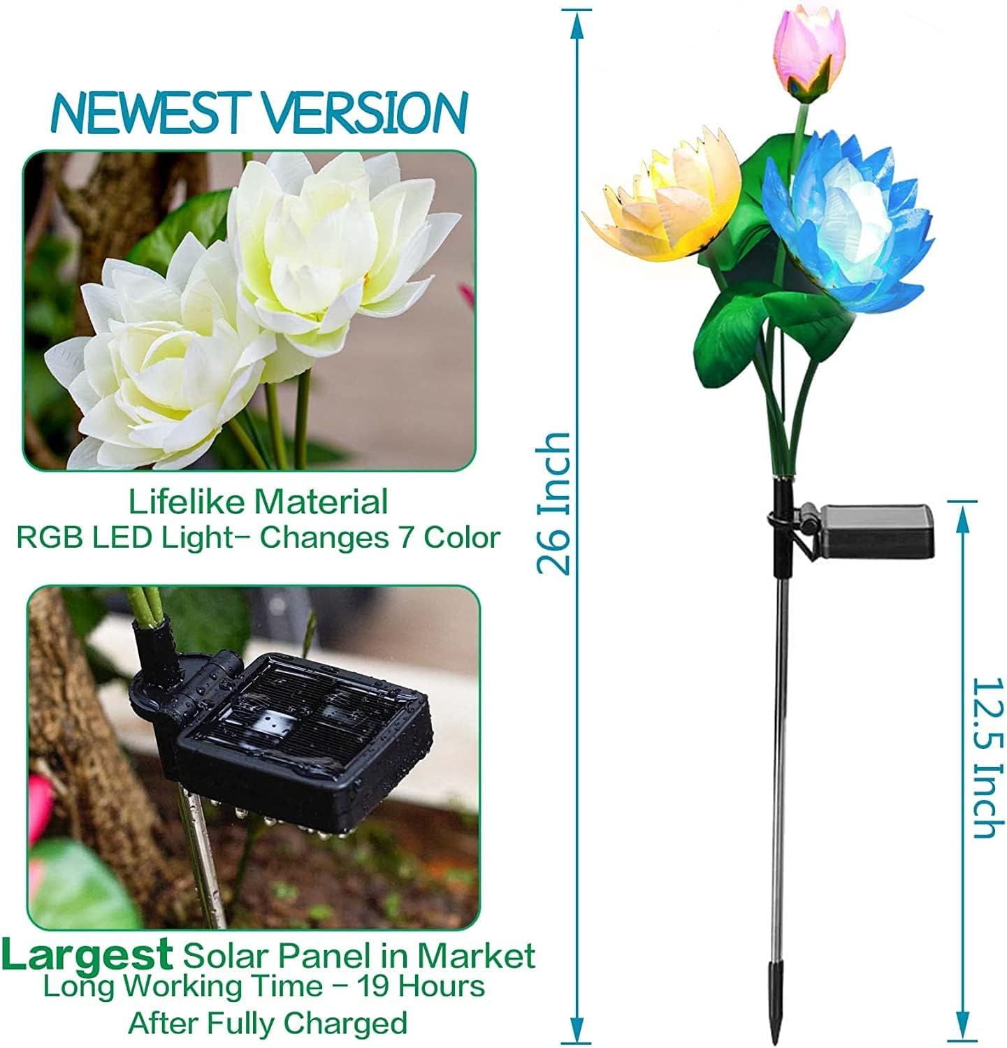 Solar Garden Lights, Lotus Flower Lights, Outdoor Light for Garden, Patio, Yard Decoration, 7 Color Changing Decorative Light, Larger Solar Panel (4 Pack)