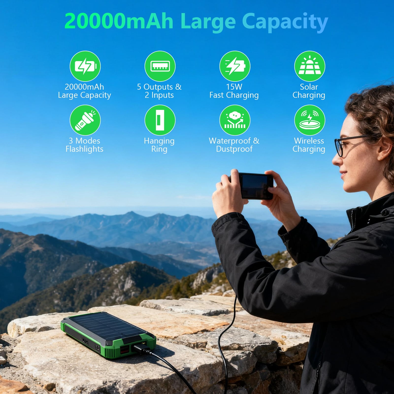 CATGOOD 20000mAh Solar Power Bank, 22.5W Fast Charging Portable Charger with 4 Built-in Cables & 10W Wireless Charging, Travel Battery Pack with Camping Flashlight(Green)