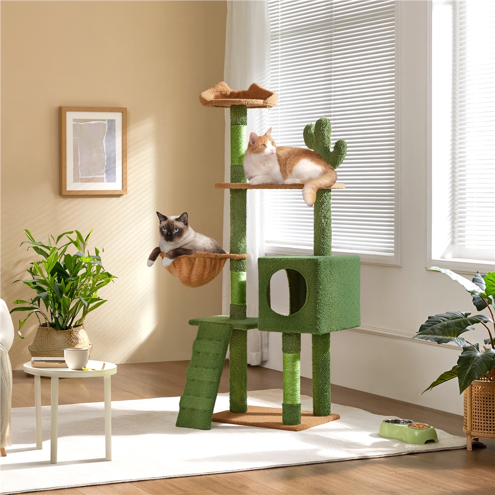 Yaheetech 59.3'' Cactus Cat Tree with Condo, Basket & 3 Scratching Posts, Green/Brown