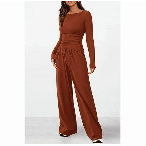 Women's 2 Piece Lounge Sets Asymmetrical Long Sleeve T Shirt Wide Leg Pants Casual Outfits Tracksuit