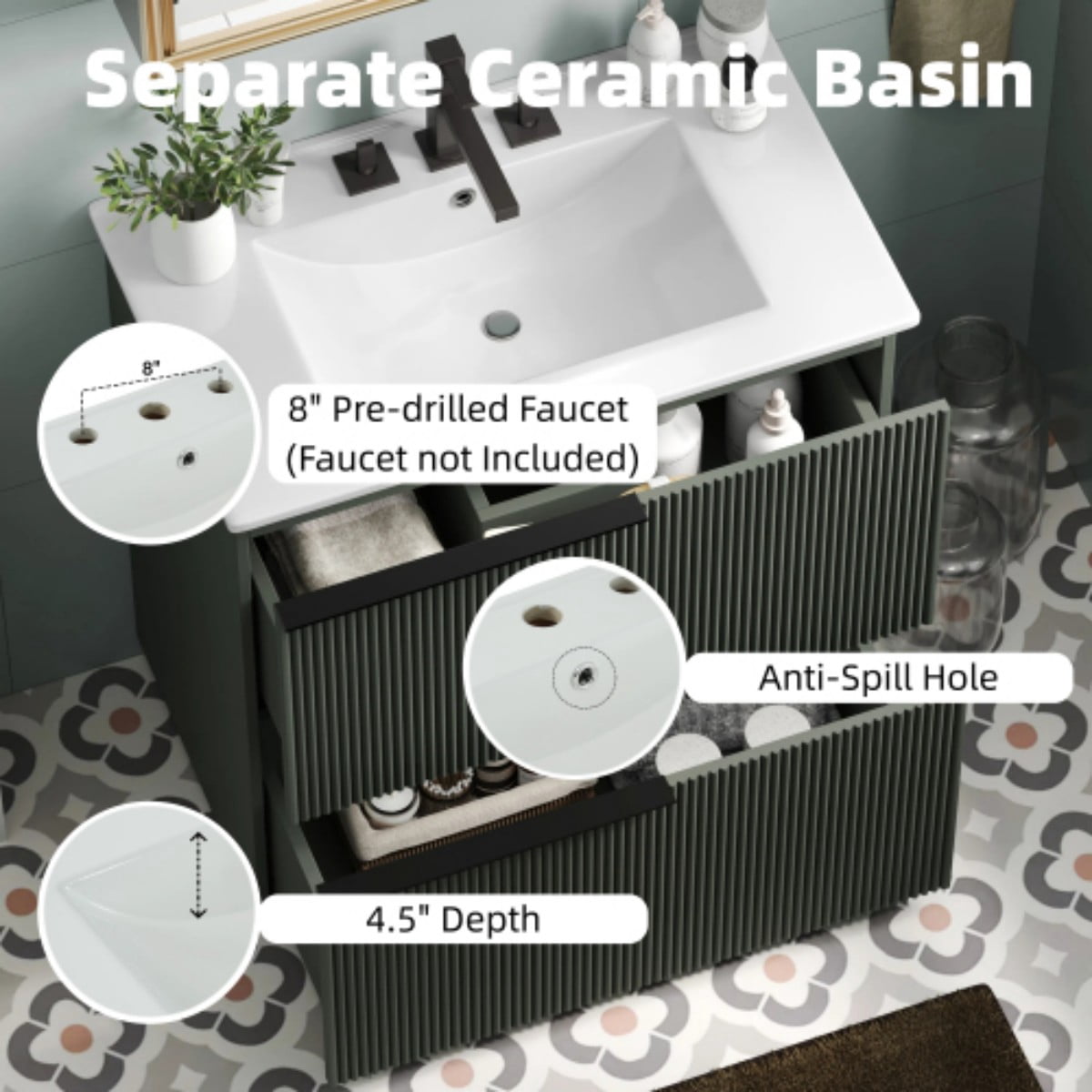 30" Bathroom Vanity with Ceramic Sink, Freestanding Bathroom Cabinet with Full Extension Drawers, Soft Close Slides, Fluted Design, Green