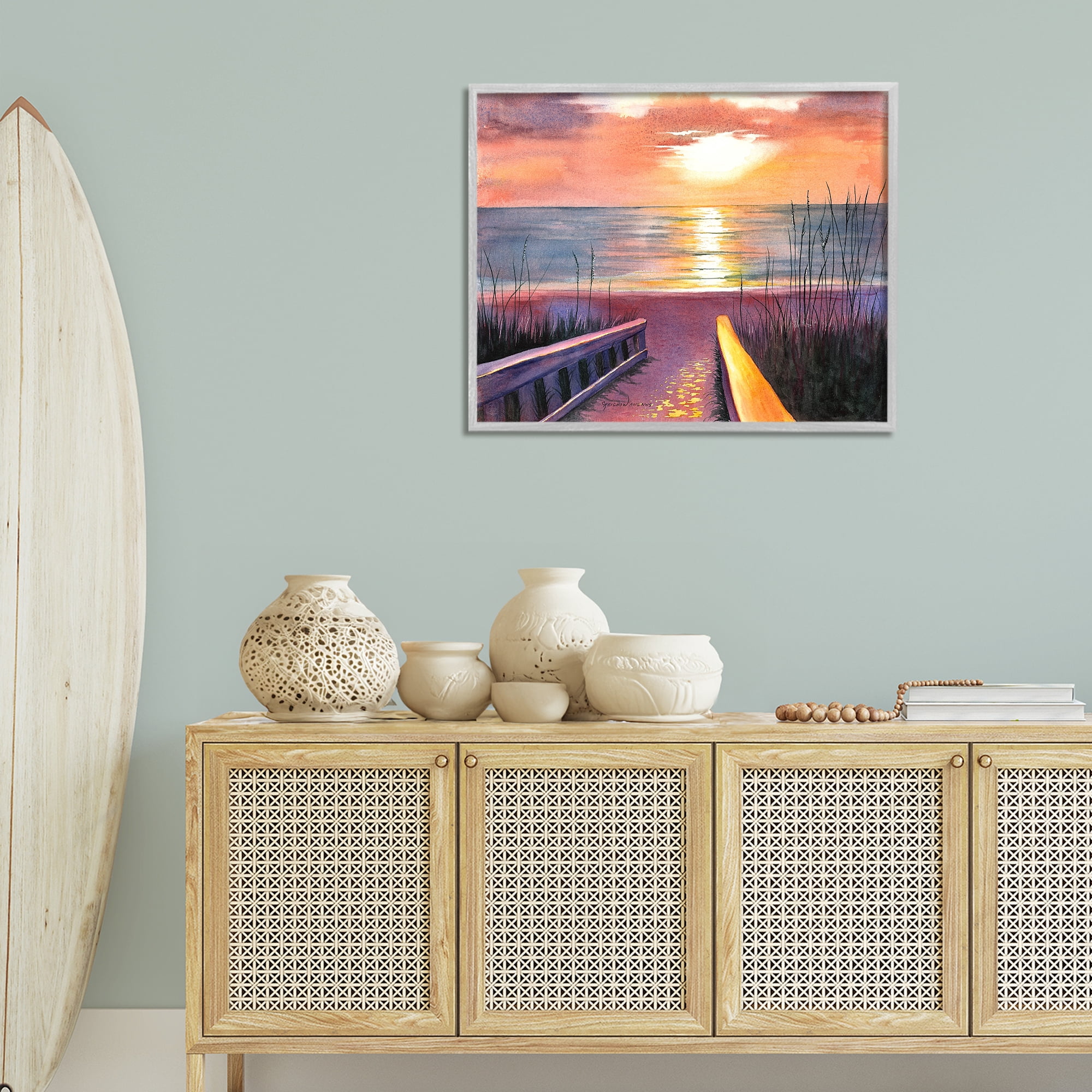 Stupell Industries Sea Sunset Reflection Landscape Painting Gray Framed Art Print Wall Art, 30 x 24