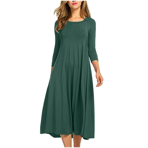 qolati Women's Casual Long Sleeve Dresses 2023 Solid Color Crew Neck Ruched A-Line Dress Comfy Loose Fit Pleated Swing Midi Dress