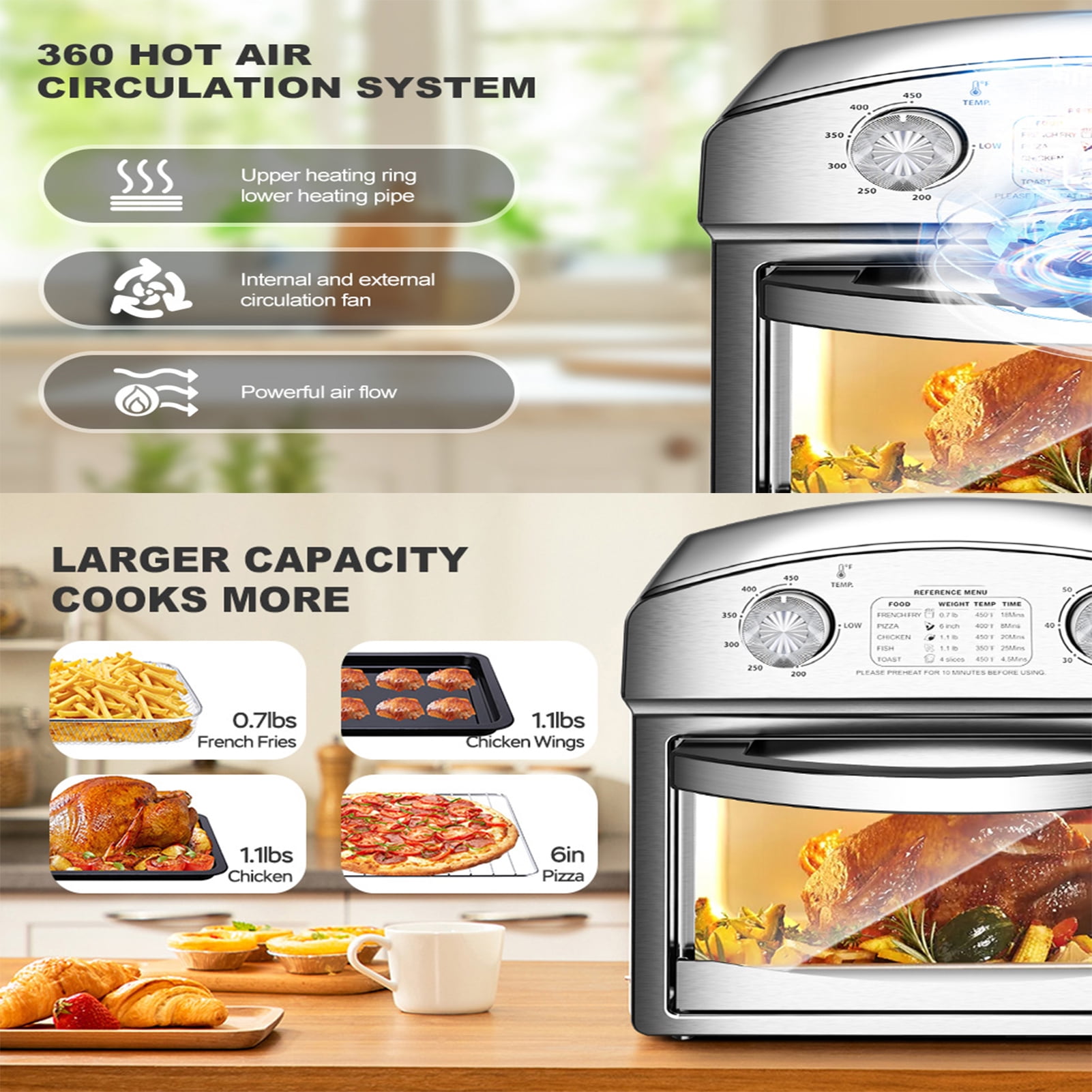 13QT Stainless Steel Air Fryer Oven – 85% Less Oil, 360° Hot Air, Multi-Function for Small Families