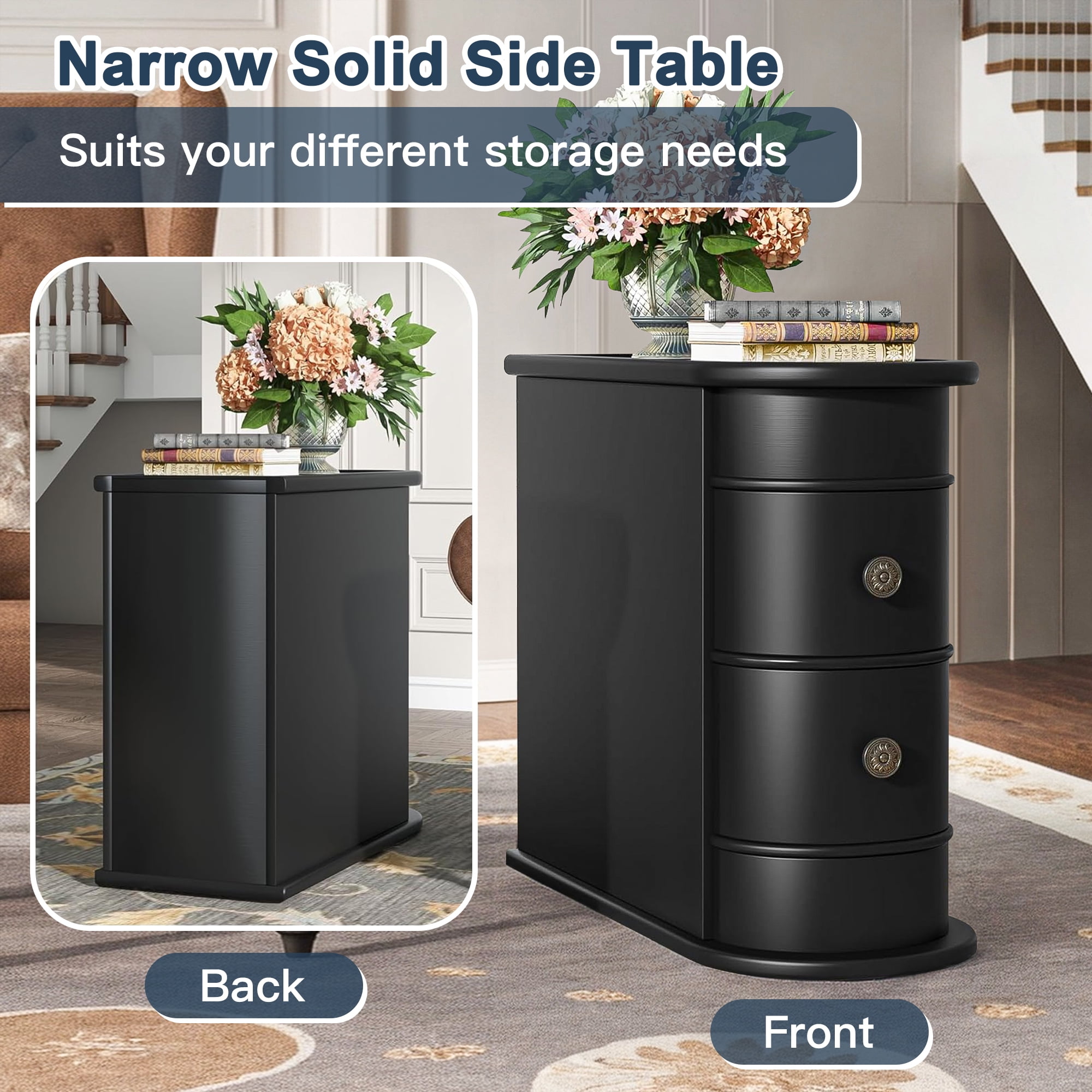 Demi Bonn Narrow Side Table with 2 Drawers, Wood Side End Table, Nightstand and Bedside Table with Storage, for Small Spaces, Black