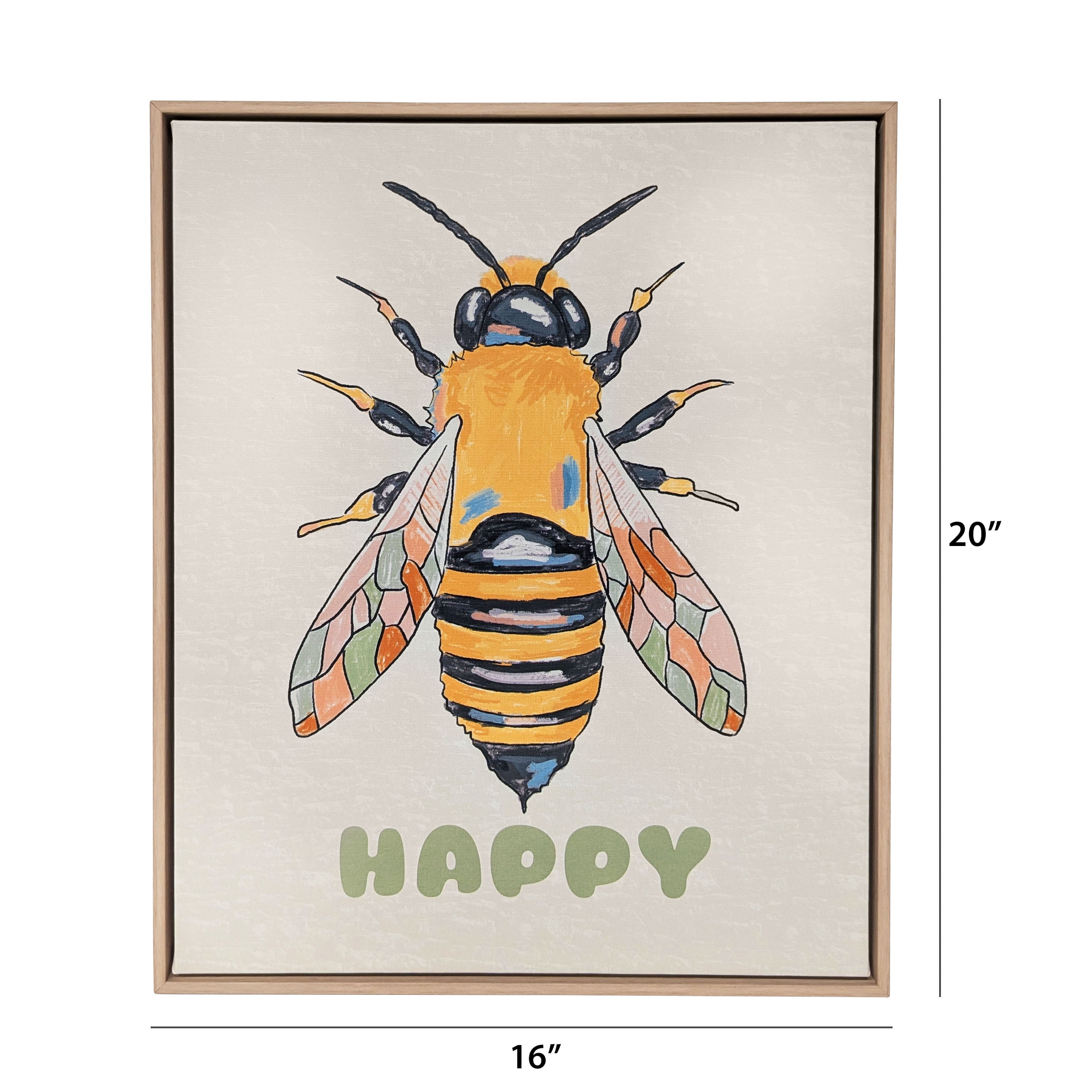 House of Happy 16x20 "Bee Happy" Kids Printed Wall Art on Canvas for Kids Classroom or Kids Room Décor