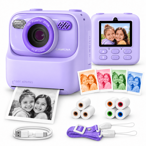 Anbber Kids Instant Print Camera with 7 Rolls Thermal Paper, 1080P HD Dual-Lens No-Ink Digital Camera with 2.4-Inch Screen, Purple