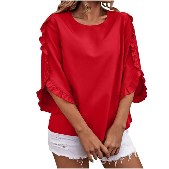 Timegard Hauts pour Femmes Manches à Volants Col Rond Ample Confortable Blouse Décontractée Été Printemps Couleur Unie