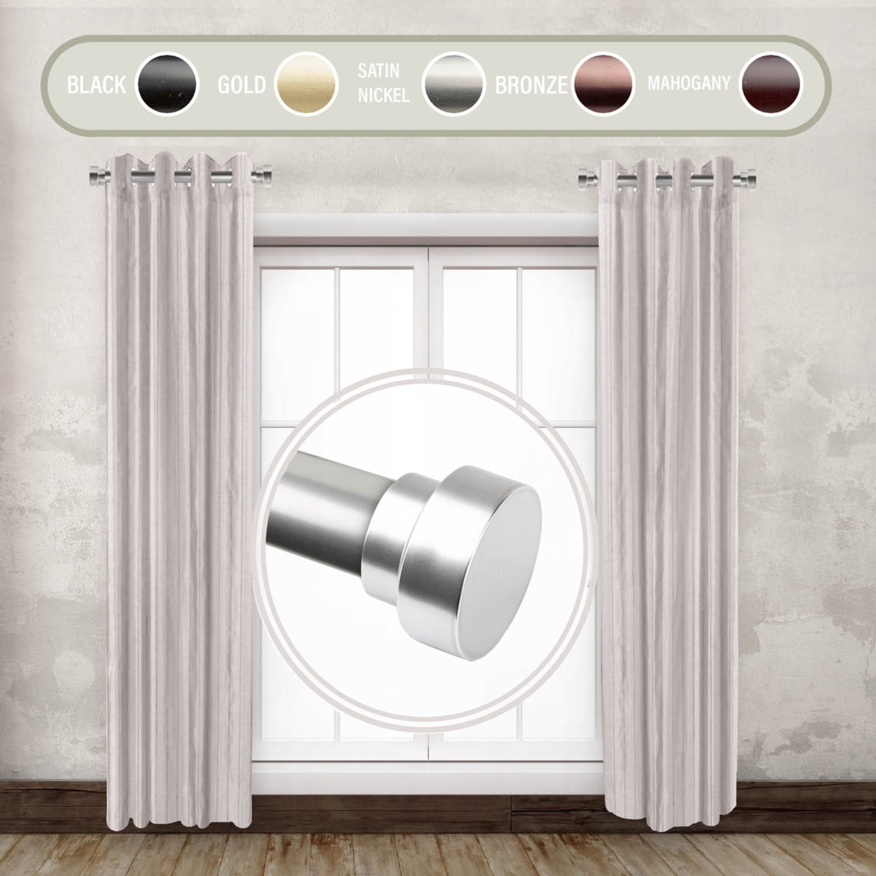 Home Decorative 1" Diameter Side Curtain Rod 12-20" Long (Set of 2) - Satin Nickel