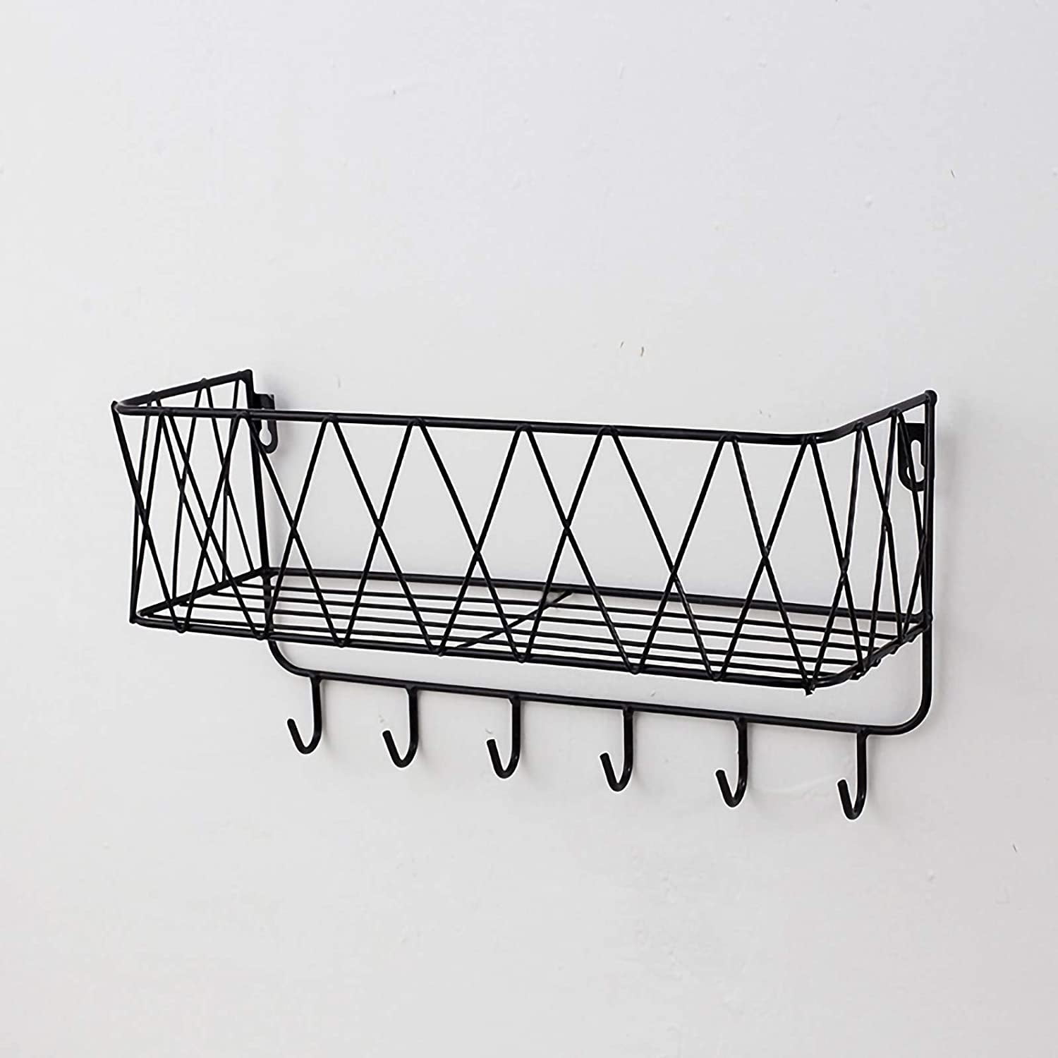 Grid Wall Shelf with 5 Hooks 62x52x16 CM-Floating Shelf Bathroom Shelf Towel Holder 