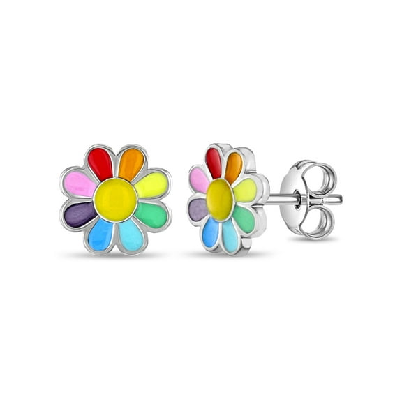 Rainbow Daisy Kids / Children's / Girls Earrings Enamel - Sterling Silver