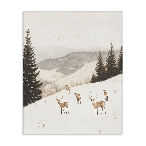 Stupell Industries Winter Deer Mountain View Landscape & Nature Painting Wrapped Canvas Canvas Art Print Wall Art, 16 x 20