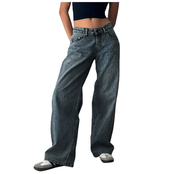 Vaqueros holgados de talle bajo para mujer - Pantalones vaqueros elásticos rectos y anchos de corte holgado estilo boyfriend