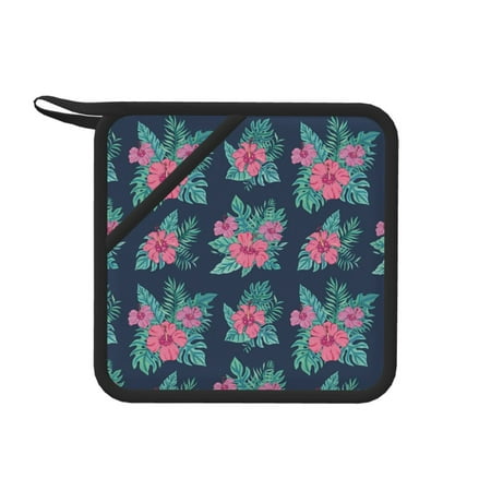 

1 PCS Pot Holders for Kitchen - Heat Resistant Silicone Pot Holders with Hanging Loop Tropic flower leaves Non Slip Oven Hot Pads Potholders for Decor Baking Cooking Kitchen