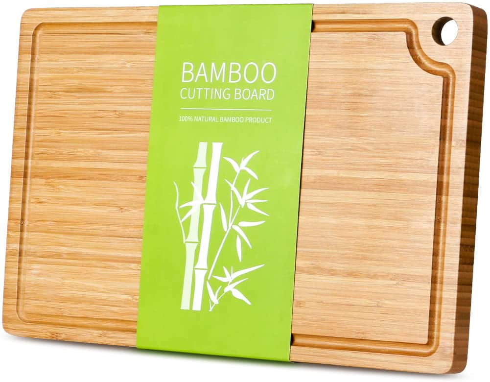 Chopping Board for Kitchen Reversible Wooden Carving Board for Meat Cheese and Vegetables-Medium Organic Bamboo Cutting Boards with Juice Groove and Hook 