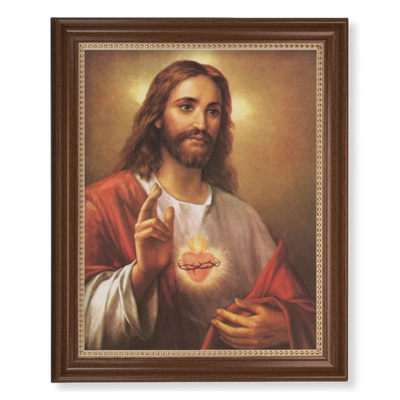 Sacred Heart of Jesus Picture Framed Wall Art Decor Extra Large, Classic Dark Walnut Finished Frame with Gold Beaded Lip