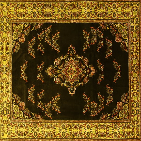 Ahgly Company Machine Washable Indoor Square Medallion Yellow Traditional Area Rugs, 4' Square