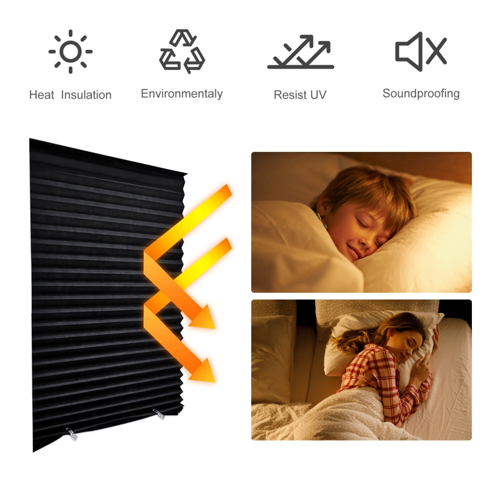 2 Pack Temporary Blackout Paper Shades for Windows,Paper Pleated Blinds with Adhesive,No Tools No Drilling Free Cut Size Paper Room Darkening Shades(Black, 24" W x 72" L)