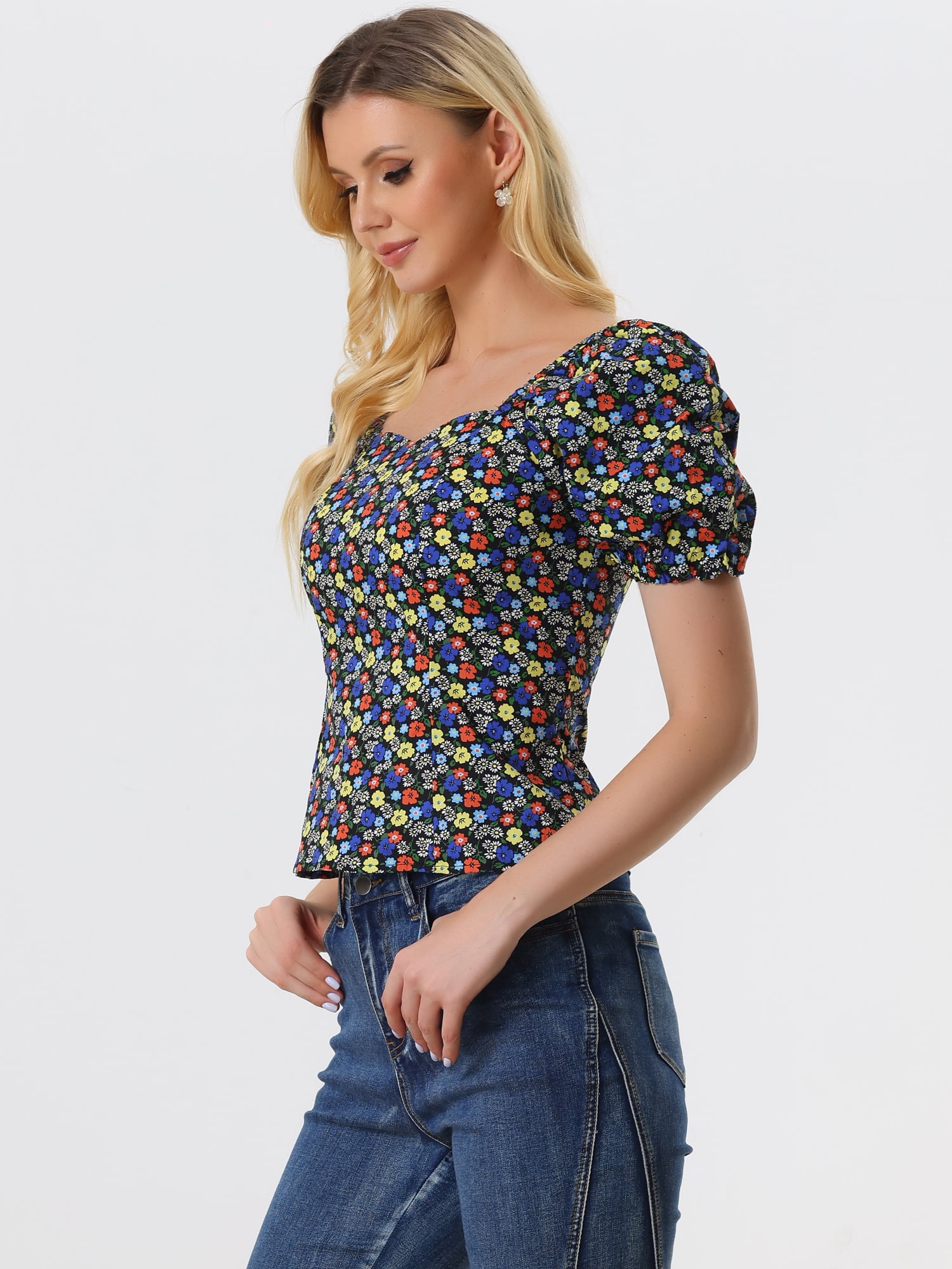 DARING DIVA Puff Sleeve Sweetheart Neck Smocked Floral Top XS Black Red