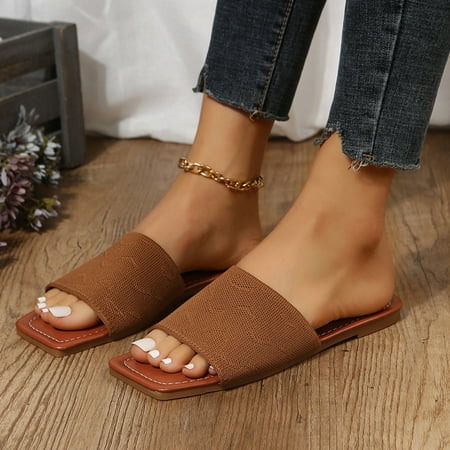 

SUODUI Women s Slippers Fashion Spring And Summer Women Slippers Flat Bottom Light Square Toe Open Toe Mesh Breathable Comfortable And Casual Style Brown 8