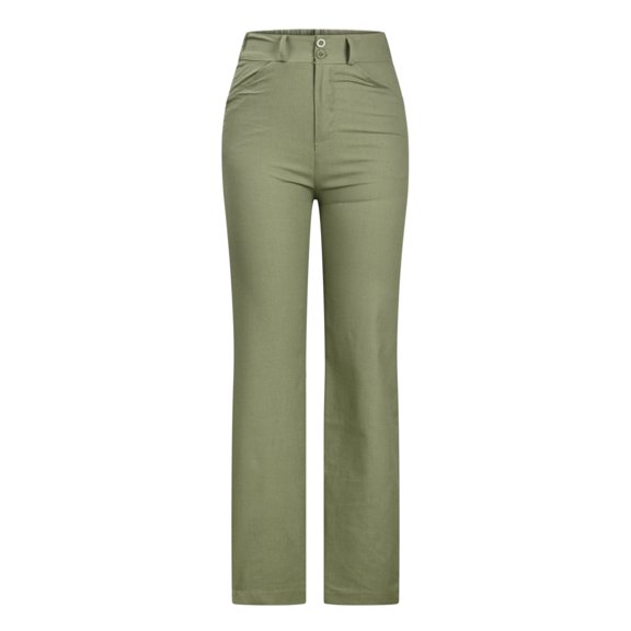 YanHoo Women's Baggy Pants Linen Mid Waist Straight Leg Trouser Solid Buttons Long Pants with Pockets