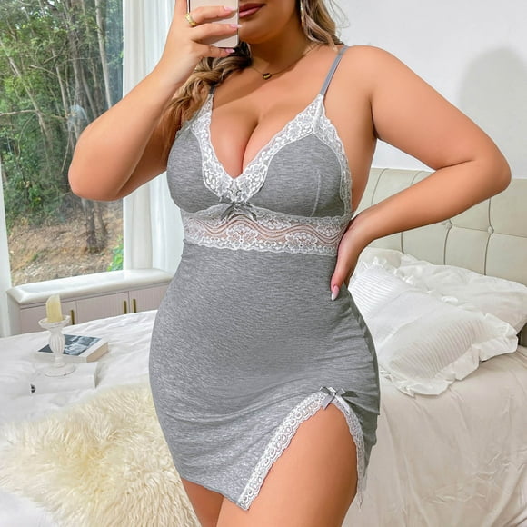 Tnhcen Sexy Deep V-Belt Lingerie with Lace,Lingerie Plus Size, Bow, and Slit Sexy Underwear for Women The Waist of The Lingerie Is Hollowed Out In Gray