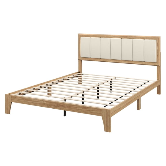 Queen Bed Frame with Headboard, Natural Wood Platform Bed, Beige Linen Upholstered Headboard, No Box Spring Needed, Easy Assembly, Under Bed Storage