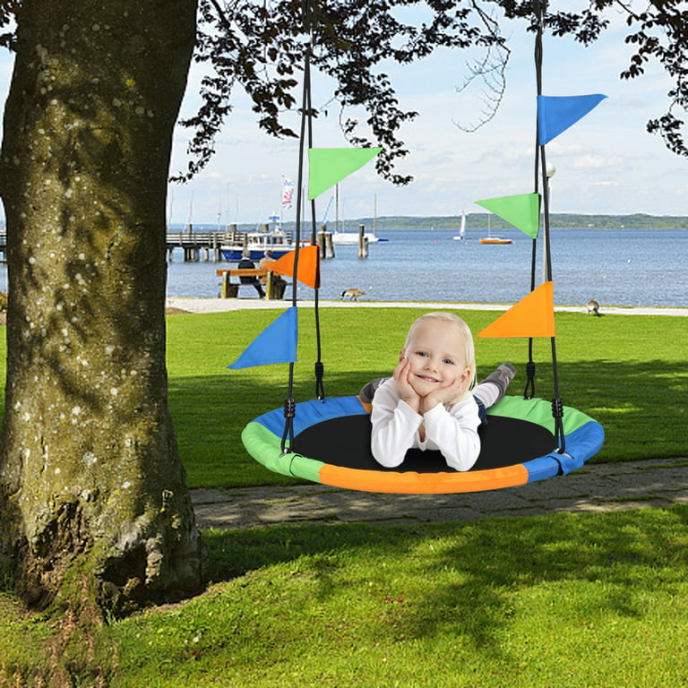 Patio Swing for Children, Outdoor Round Tree Swing for Kids Toddler, 900D  Oxford Cloth Round Swing, Tree Swing Seat with Hook/Swing/Belt Bunting