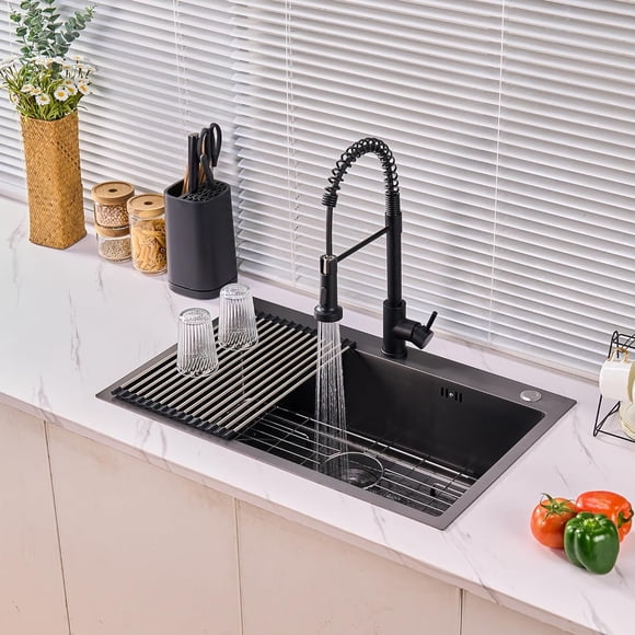 Undermount Kitchen Sinks  -Grey Single Bowl Gauge Stainless Steel Nano  Sink with Accessories for Workstation  Prep Kitchen  Bar Sink of Countertop/Drop-in