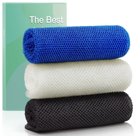 VOTUYB 3 Pieces African Net Sponge Exfoliating Bath Sponge for Deep Cleansing, Reusable Body Scrubber for Shower, Suitable for All Skin Types Men & Women(Black, Blue, White)