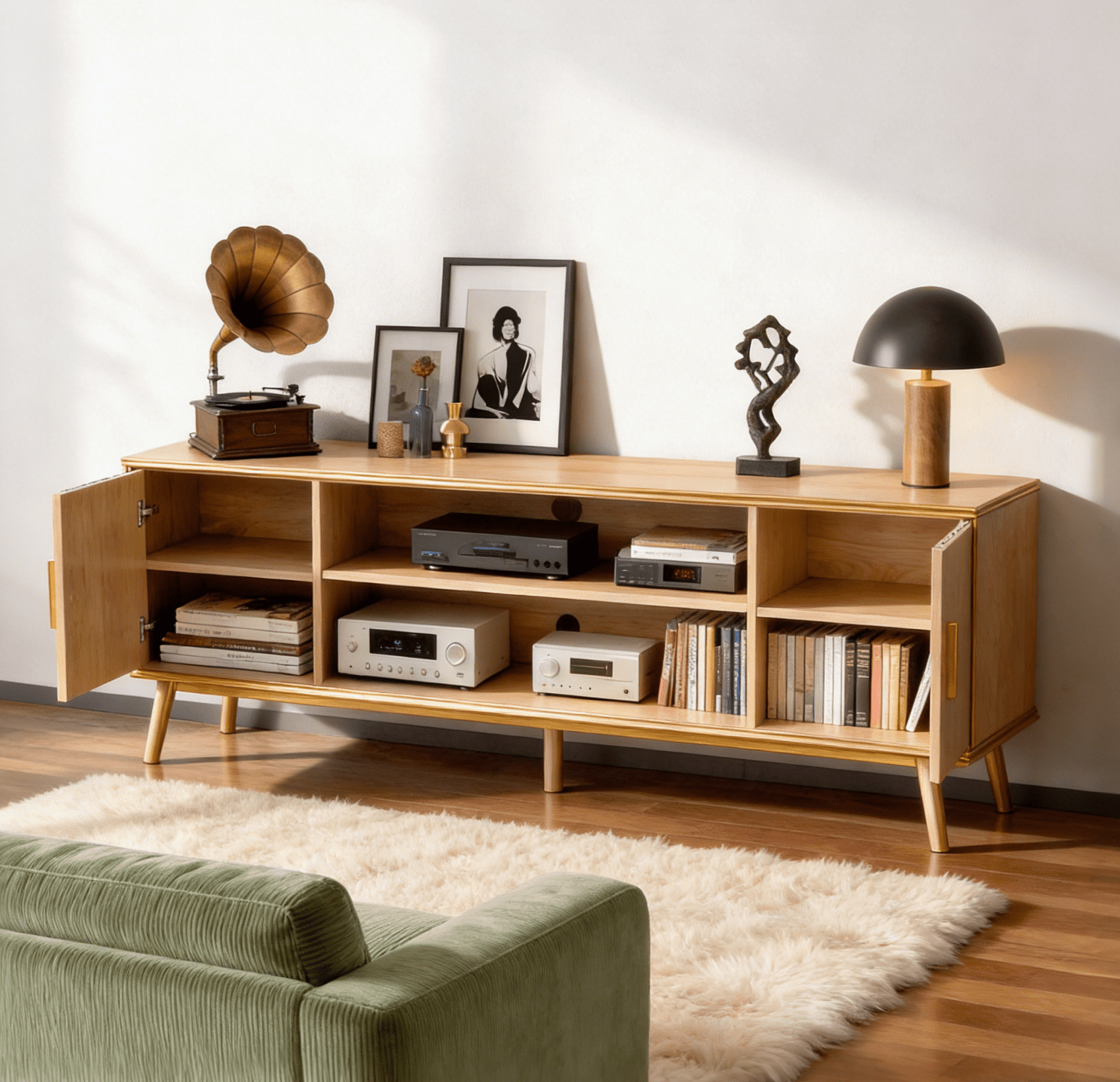 Zimtown Farmhouse TV Stand with 2 Fluted Doors, 58" Mid-Century Television Stand for 60inches TV, Light Oak Wood Television Stand with Storage