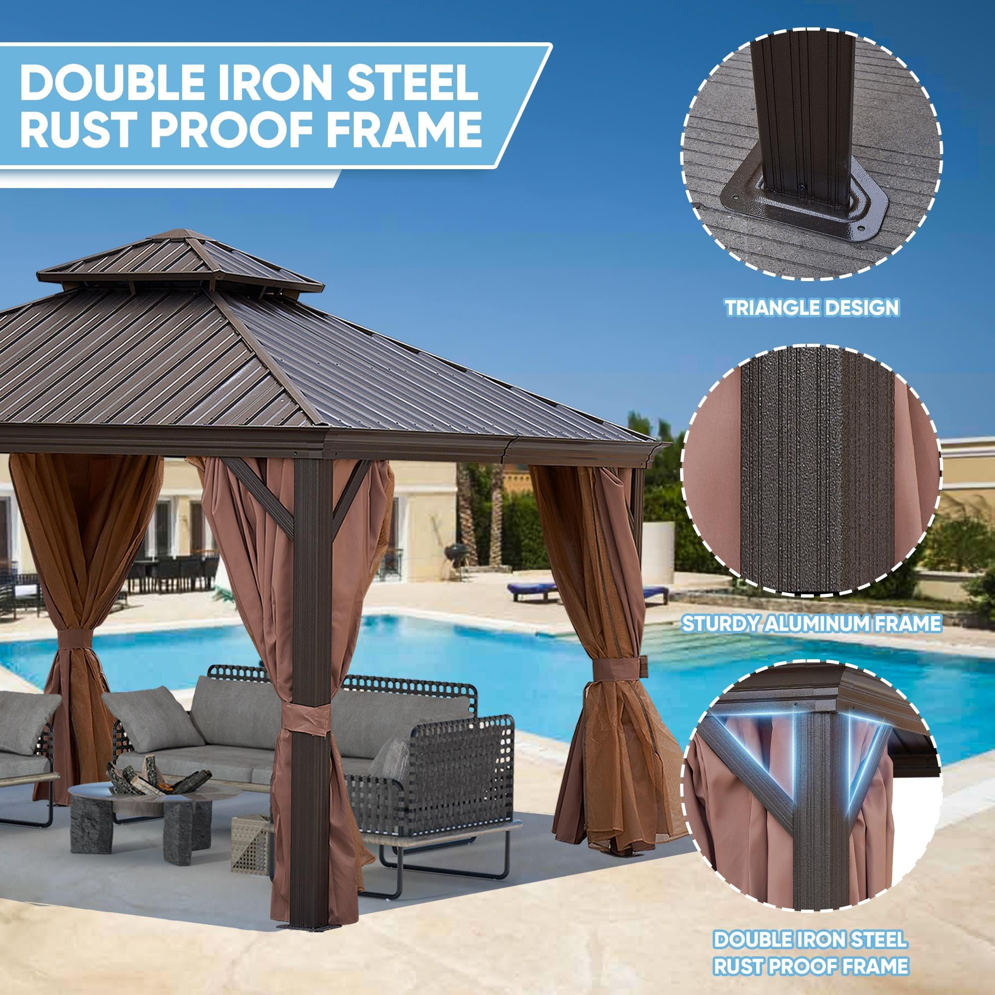 Segmart 12' x 12' Patio Hardtop Gazebo, Outdoor Galvanized Steel Aluminum Metal Double Roof Gazebo with Netting and Curtains, Permanent Patio Gazebo Pavilion for Backyard, Deck, Lawn, Gray