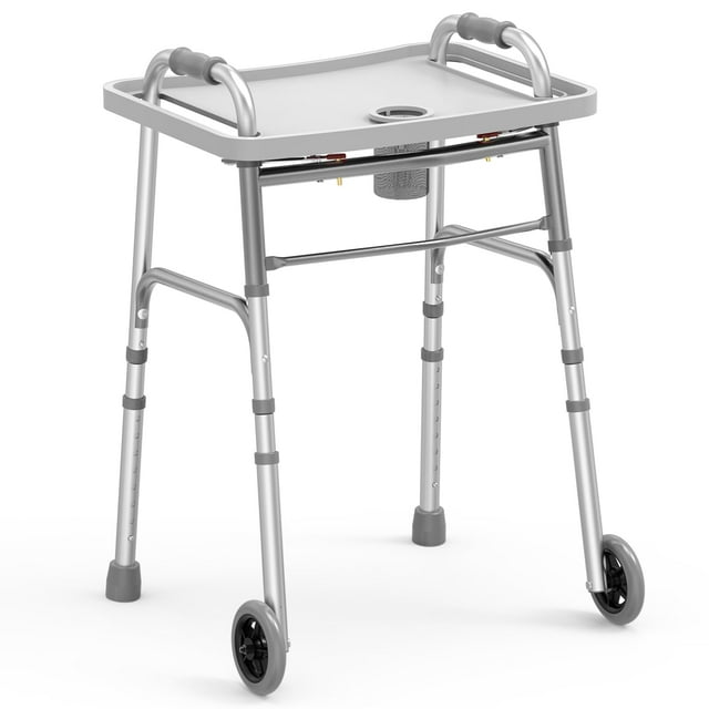 Andador Loyoda para personas mayores, ligero, compacto, plegable, con bandeja, altura ajustable, soporta hasta 169 kg, apto para FSA/HSA, color negro/azul (andador con bandeja)