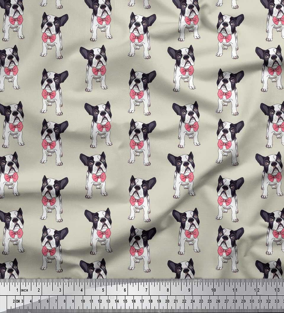 Soimoi Cotton Poplin Fabric Bow & Boston Terrier Dog Print Fabric by