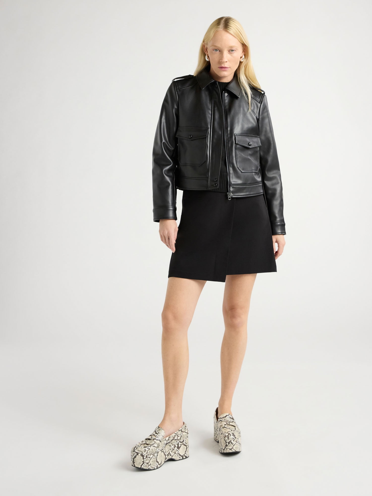 Scoop Women's and Women's Plus Faux Leather Cargo Pocket Jacket, Sizes XS-4X