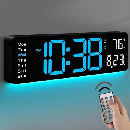 Large LED Digital Wall Clock 16.5 with Auto Brightne, RGB Backlight, Dual , Temp & Humidity Display, LED Clock with Date & Week, Remote Control, for Living Room, Kitchen, Gym & Office
