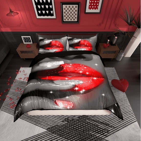 Erosebridal Glitter Lips Comforter Cover Twin,Bling Sparkling Bedding Twin Size,Grey Red Duvet Cover Twin,Ultra Soft Sparkle Room Decoration,Reversible,2-Piece(No Comforter)