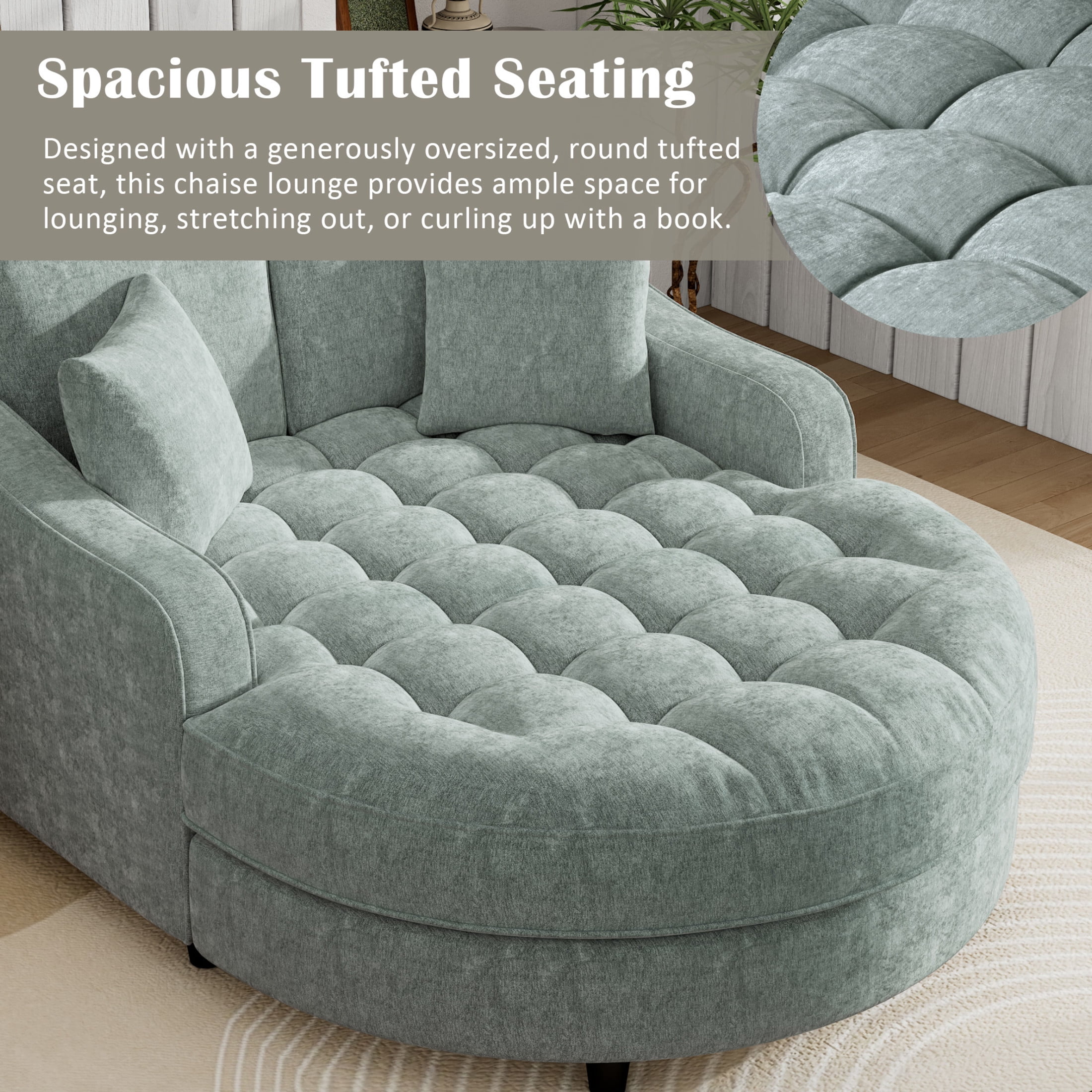 Christopher Knight Home 51" Modern Chaise Lounge Sofa Bed, Tufted Chenille Couch with Pillows, Blue Green