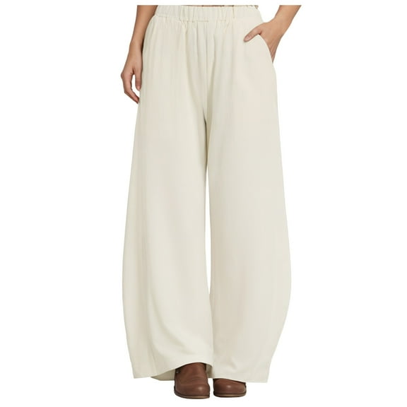 TTUHYWXI Womens Wide Leg Pants Cotton Linen Barrel Pants Elastic Waisted Lounge Trousers with Pockets (Beige, S)