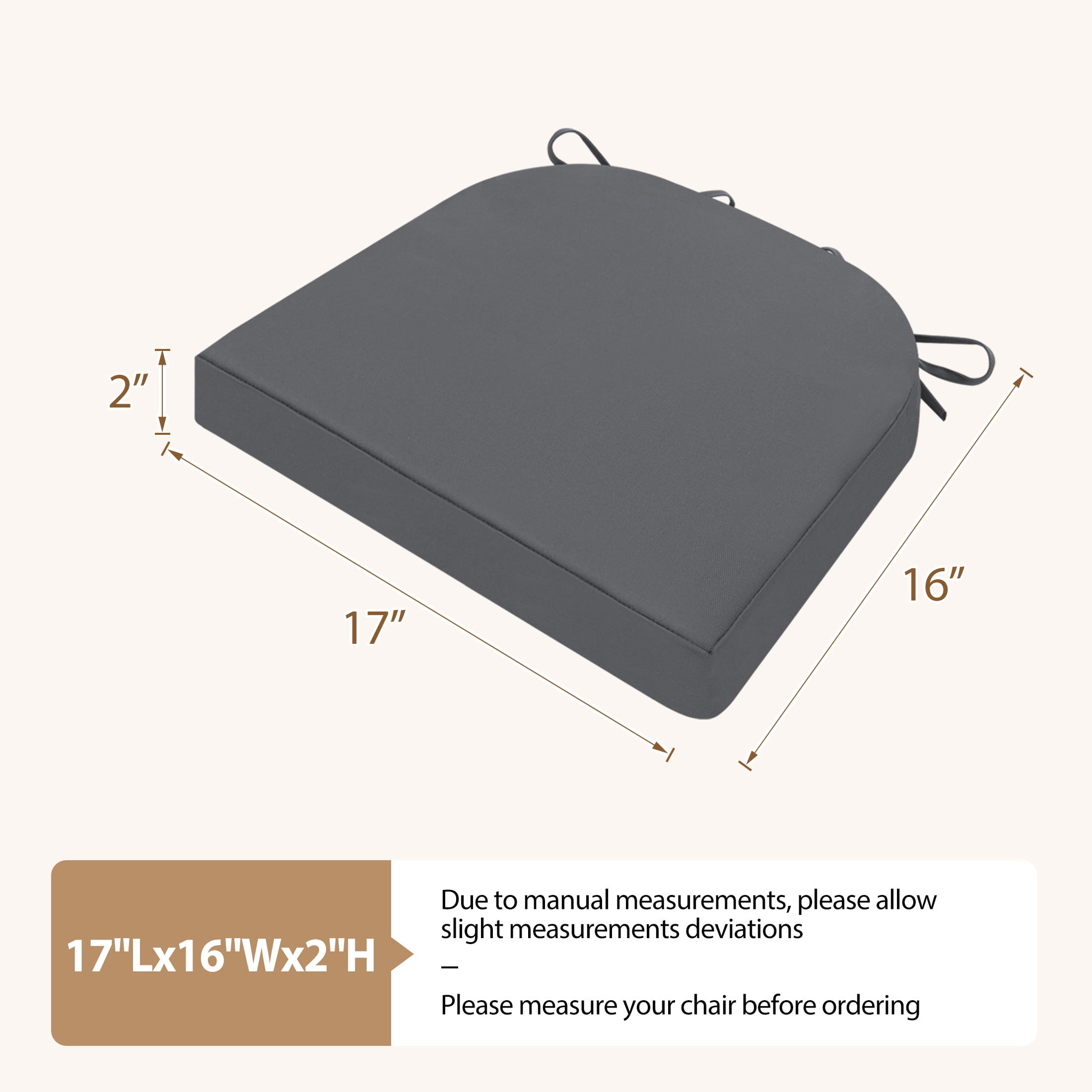 Outdoor Seat Cushion for Patio Furniture Dining Chair Pad Replacement, 17x16, Set of 2, Dark Gray