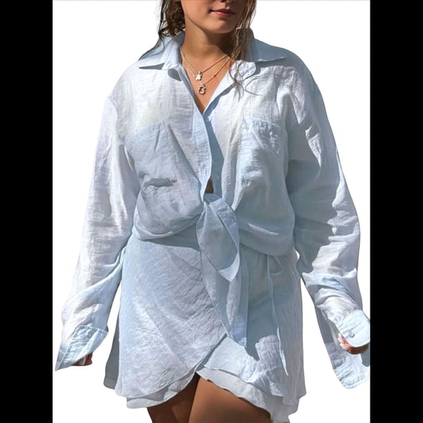 Conjuntos de Verano de 2 Piezas: Camisa Abotonada, Top y Falda, Conjuntos Casuales para Estar en Casa. Azul Talla Única